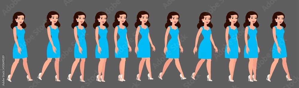Walk cycle of a young girl. Beautiful girl in a dress and high heels. 2d character for animation.
Walk cycle of a young girl. Beautiful girl in a dress and high heels. 2d character for animation.