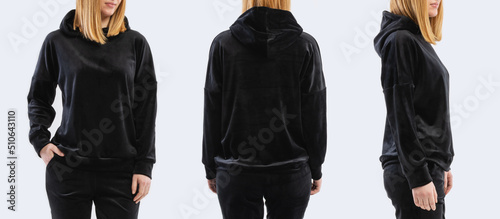 Template of a women's sweatshirt of black colors. Front view, side view, back view. Hoodie mockup.
