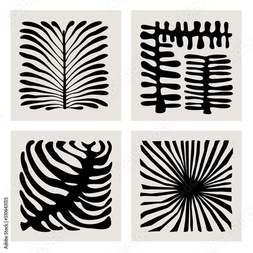 abstract geometric plants leaves, modern wall art graphic prints templates, ink foliage vector illustration