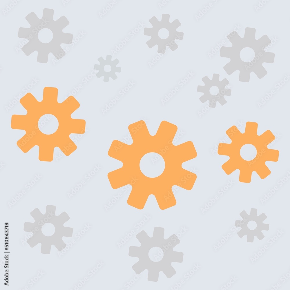 three orange gears on a background of gray gears