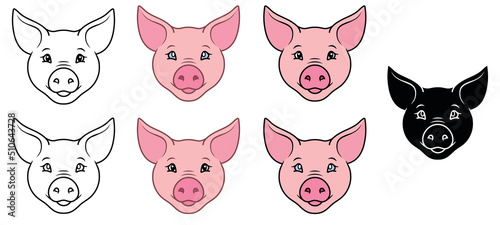 Cute Pig Face and Head Clipart Set - Outline, Silhouette and Color