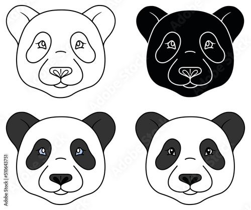 Cute Panda Face / Head Clipart Set - Outline, Silhouette and Color