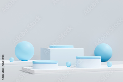 white and blue podium minimal on stage with white platform. stage to show cosmetic and jewelry product. stage on pedestal modern 3d studio