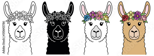 Llama with A Floral Crown Clipart Set - Outline, Silhouette and Color