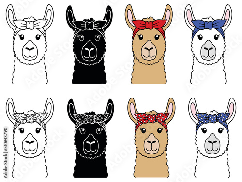 Llama with Bandana Head Wrap Bow Clipart Set - Outline, Silhouette and Color