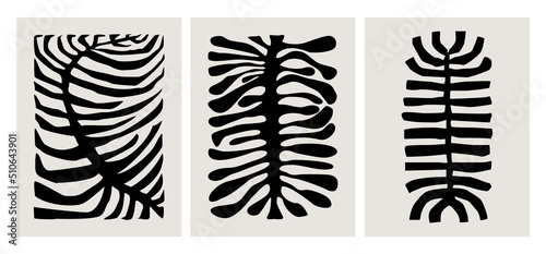 abstract geometric plants leaves, modern wall art graphic prints templates, ink foliage vector illustration