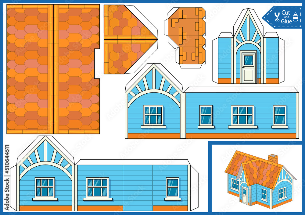 Paper craft of house. Printable template 3d model toys building. Kids gaming activity art page. Children diy worksheet.