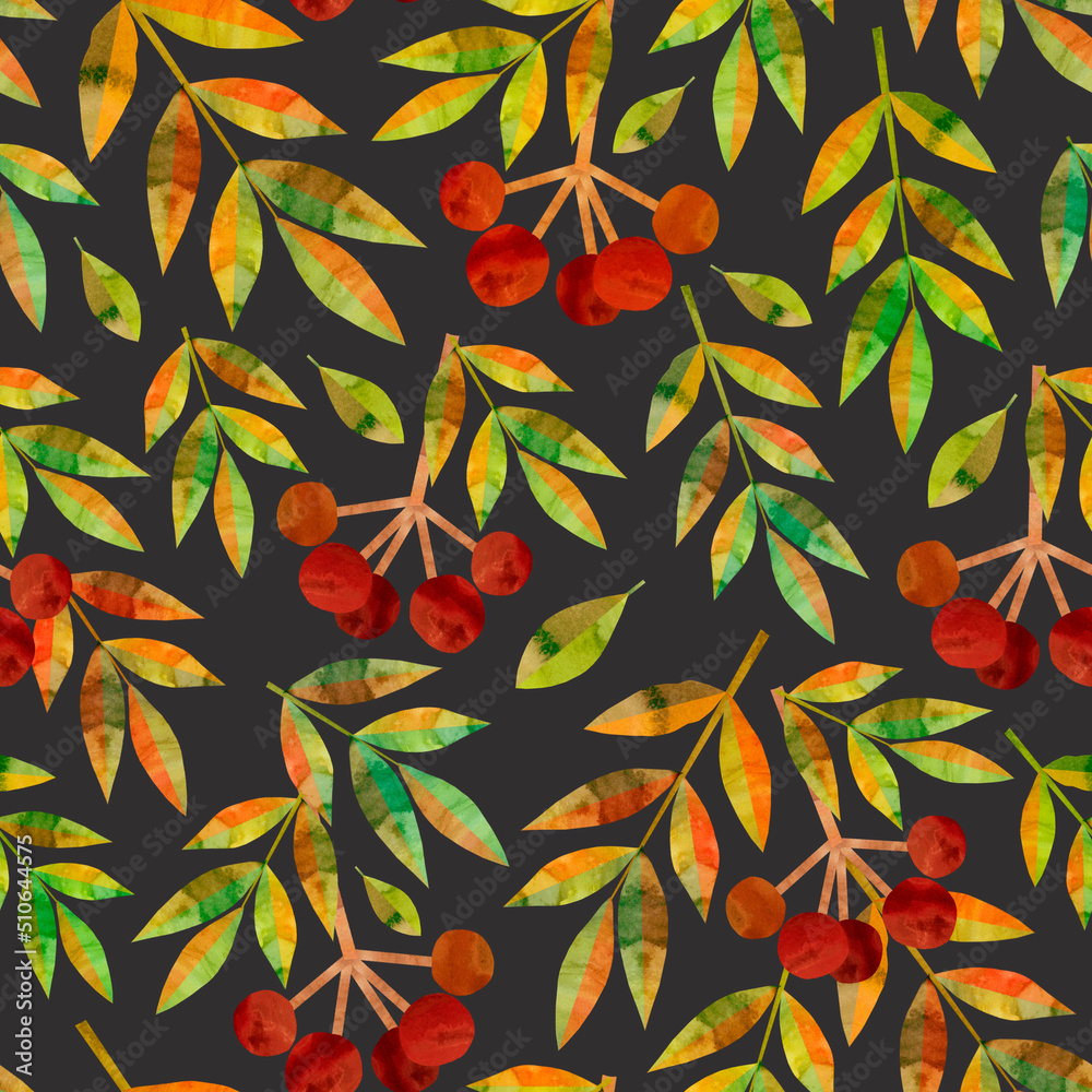 Obraz premium Seamless fall pattern with leaves and red rowan berries on a dark background. Painted with watercolor in collage technique.