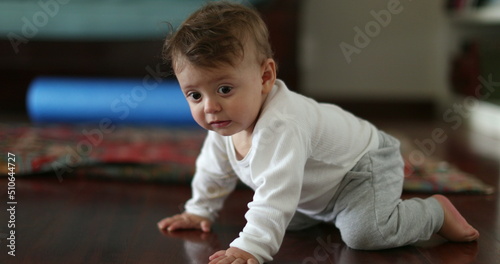 Cute baby crawling at home indoors on hardwood floor. Child infant development
