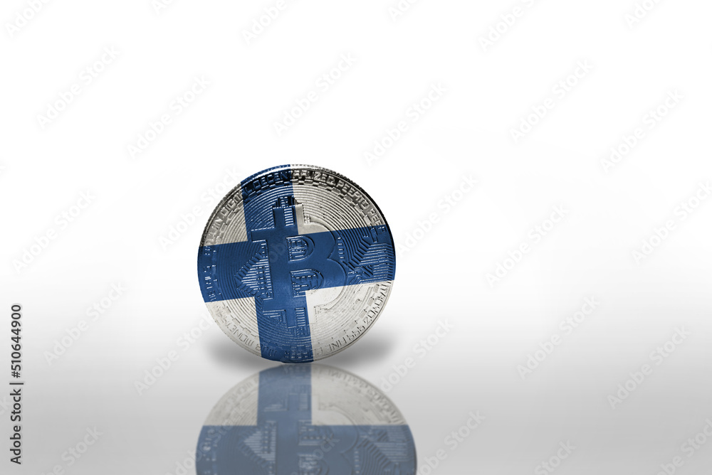 bitcoin with the national flag of finland on the white background. bitcoin mining concept.