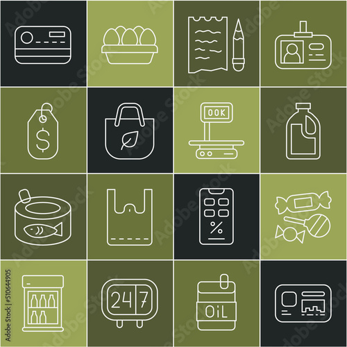 Set line Identification badge, Candy, Bottle for cleaning agent, Shopping list pencil, bag with recycle, Price tag dollar, Credit card and Electronic scales icon. Vector