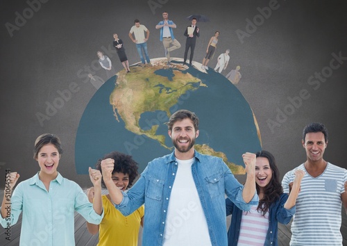 Group of diverse people celebrating over globe icon against grey background