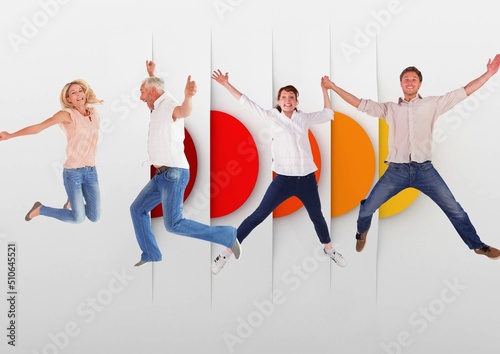 Caucasian group of people jumping in the air against colorful round shapes with copy space
