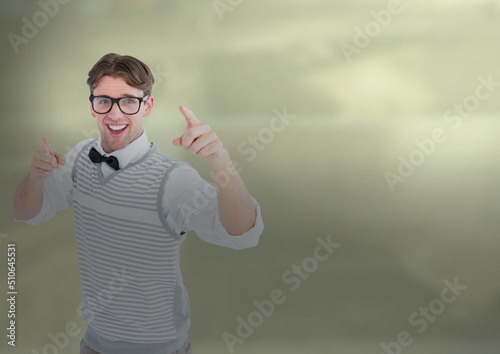 Composite image of portrait of caucasian man against blurred background with copy space
