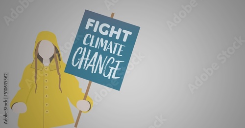 Woman holding a fight climate change signboard icon against copy space on grey background