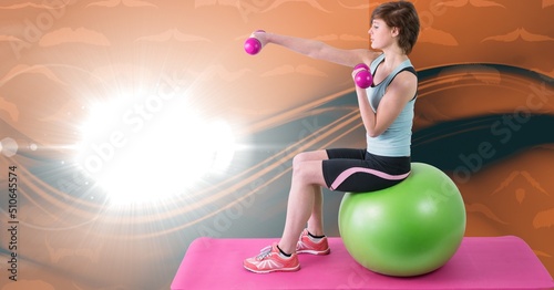 Caucasian woman working out with dumbbells against digital waves in background with copy space