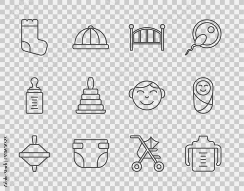 Set line Whirligig toy, Baby bottle, crib cradle bed, diaper, socks, Pyramid, stroller and Newborn baby infant swaddled icon. Vector