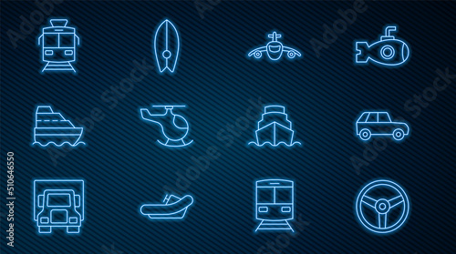 Set line Steering wheel, Car, Plane, Helicopter, Cruise ship, Tram and railway, and Surfboard icon. Vector