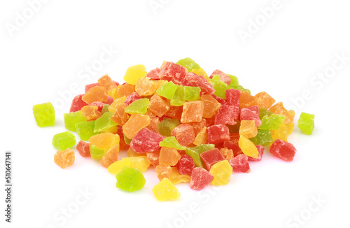 Heap of candied fruits isolated on white background with clipping path