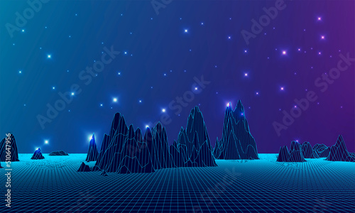Landscape of mountains, space and wire frame.