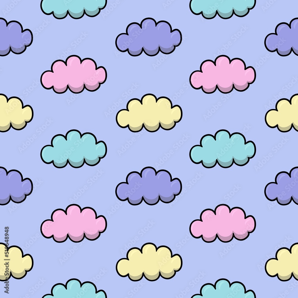 Multicolored clouds in cartoon style, seamless square pattern