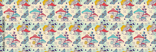 Wallpaper with mushroom. Retro surreal wallpaper with fun fungi and toadstools. Boho Celestial vision, floral tricky seamless pattern.