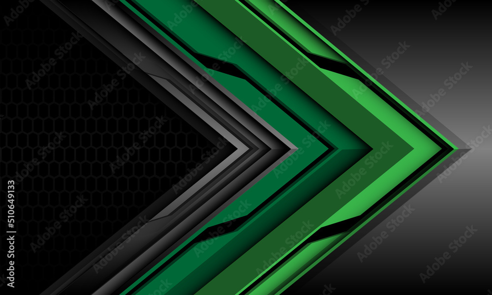 Obraz premium Abstract green black metallic arrow direction geometric with grey hexagon mesh design modern futuristic technology background vector