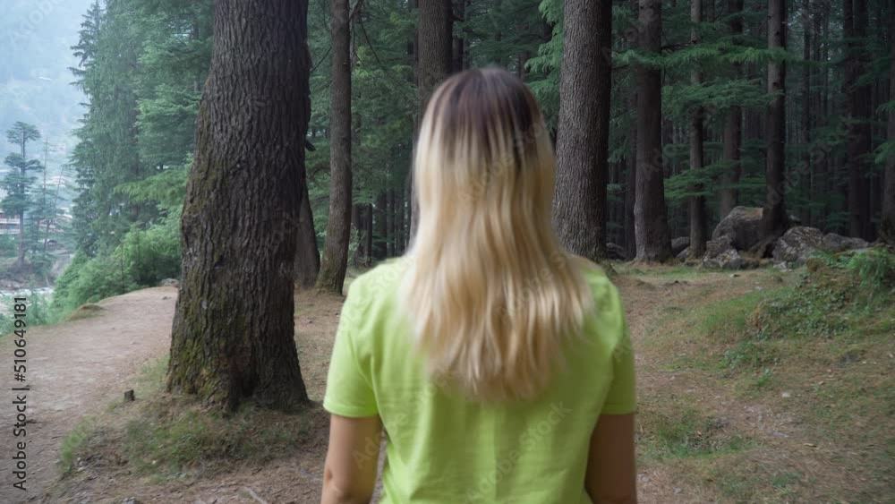 Girl walking in the forest. Coniferous forests of the Himalayas. Girl walking in the forest. Coniferous forests of the Himalayas.