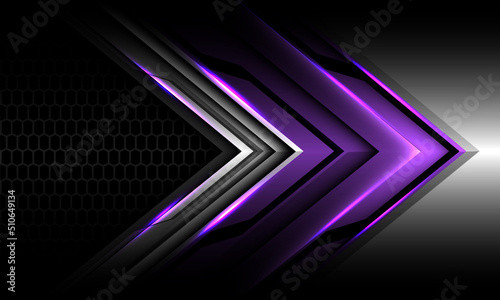 Abstract purple black metallic arrow direction geometric with grey hexagon mesh design modern futuristic technology background vector
