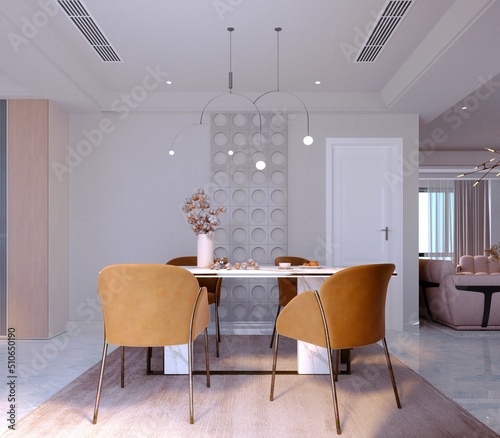 3d rendering,3d illustration, Interior Scene and  Mockup,Modern Style Dining Room Chairs Colored Seats Marble Table.