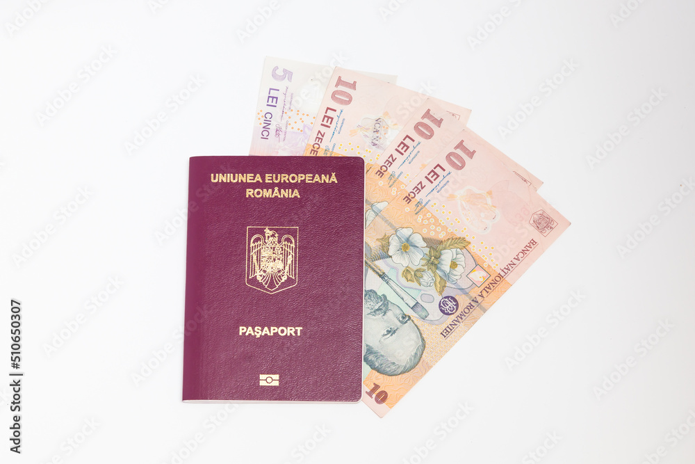 Romanian EU passport on a white background Romanian EU passport on a white background
