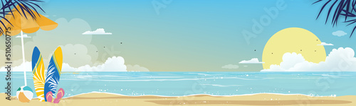 Fototapeta Naklejka Na Ścianę i Meble -  Seascape of blue ocean and coconut palm tree on island,Horizontal Sea beach, sand with blue sky and fluffy cloud,Vector illustration beautiful nature of landscape seaside for Summer holiday background