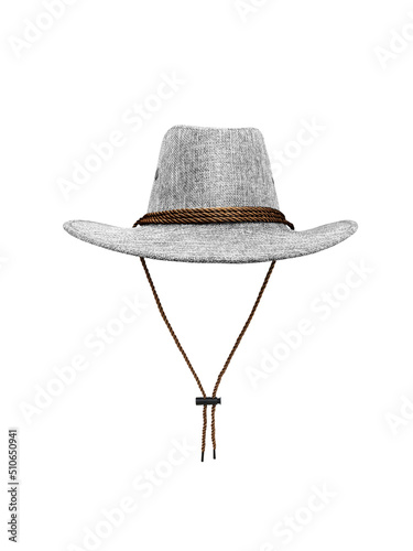 Cowboy style straw hat with rope hanging isolated on white background.