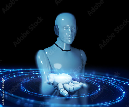 3d illustration of cyber robot human extend hand to interact with cyber space