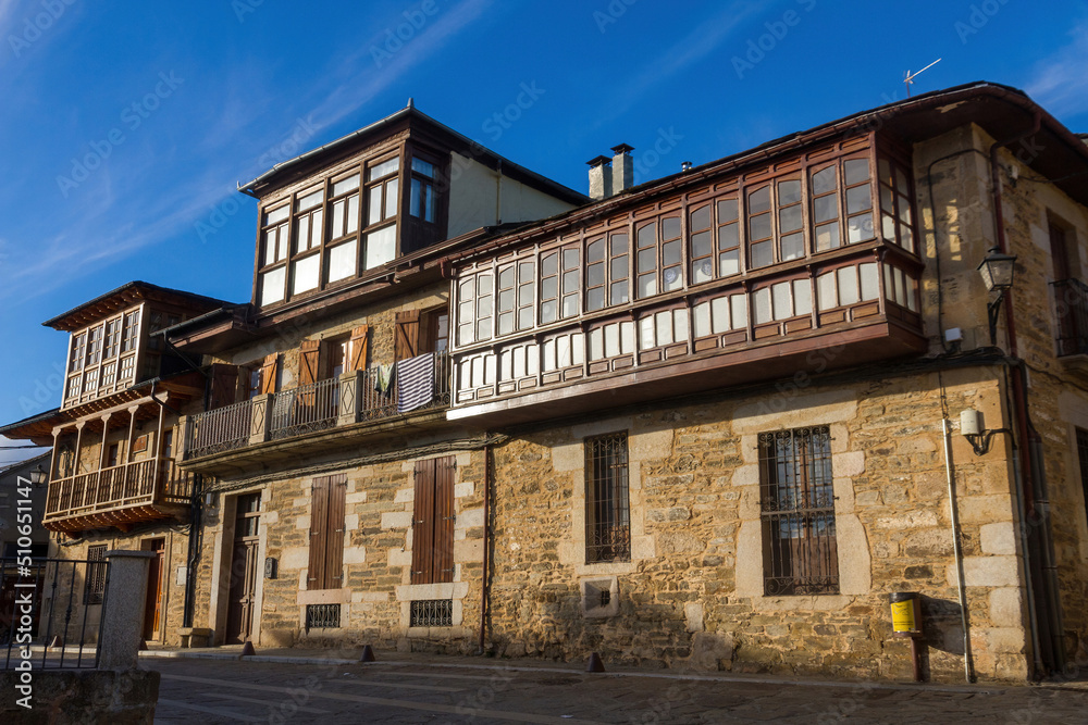 Traditional stone houses with glazed galleries in the town of Puebla de Sanabria, Zamora, Spain 