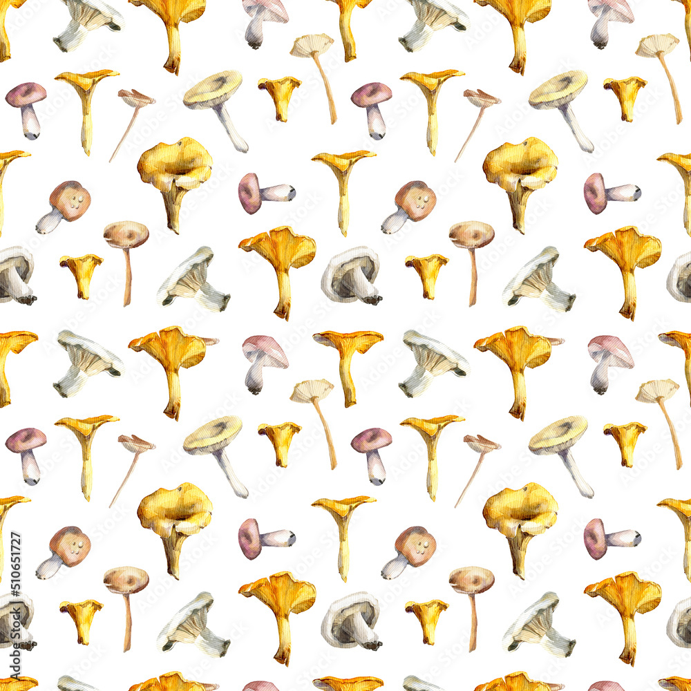 Watercolor seamless pattern. Various forest mushrooms, isolated on a white background.