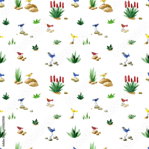 Watercolor seamless pattern. Cartoon African landscape, plants, stones and cute little birds. Isolated on a white background. © Tatiana Ka