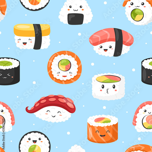 Kawaii Sushi seamless pattern. Vector background of cute sushi, rolls, sashimi with smiling face and pink cheeks in kawaii style. Japanese asian traditional food. Cartoon emoji for textile, web, print
