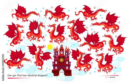 Logic puzzle game for children and adults. Can you find two identical dragons? Page for kids brain teaser book. Task for attentiveness. Sea life. IQ test. Play online. Vector cartoon illustration.