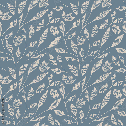 Hand Drawn Floral Seamless Pattern, freehand sketch wallpaper. Background with stylised plants. Blossom botanical backdrop and illustration. 