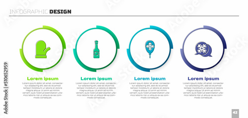 Set Christmas mitten, Champagne bottle, Balloons with snowflake and Snowflake speech bubble. Business infographic template. Vector