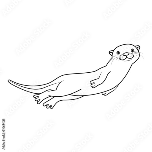 Vector hand drawn outline sketch cute otter isolated on white background. Happy otter swimming and smiling underwater. Black and white animal illustration.