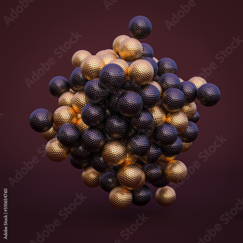 purple and gold golf balls on an amaranth background.