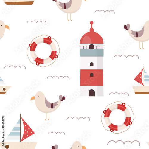 Summer Beach Seamless Pattern with marine elements – cute seagull, sail boat, lifebuoy, lighthouse. Vector Illustration.