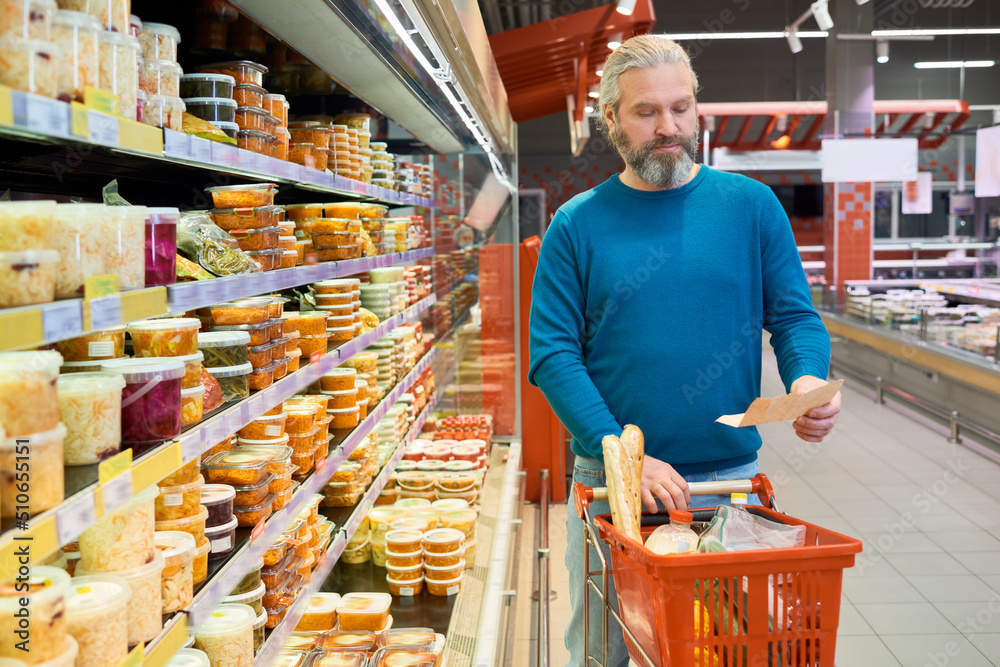 Modern mature man in casualwear looking at shopping list while moving along aisle between displays and pushing cart with food products