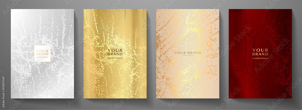 Modern elegant cover design set. Luxury fashionable background with abstract digital marble pattern in silver, gold, maroon (dark red) color. Elite premium vector template for menu, brochure, flyer la - obrazy, fototapety, plakaty 