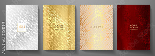 Modern elegant cover design set. Luxury fashionable background with abstract digital marble pattern in silver, gold, maroon (dark red) color. Elite premium vector template for menu, brochure, flyer la