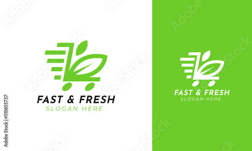 Fast and fresh market logo with leaf and shop cart concept