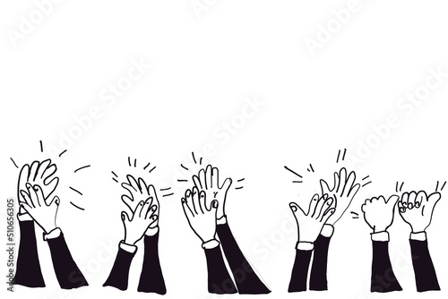hand drawn sketch style illustration with black colored human hands different skin colors greeting & waving isolated on light background. Crowd, party, sale concept. For advertising, packaging.