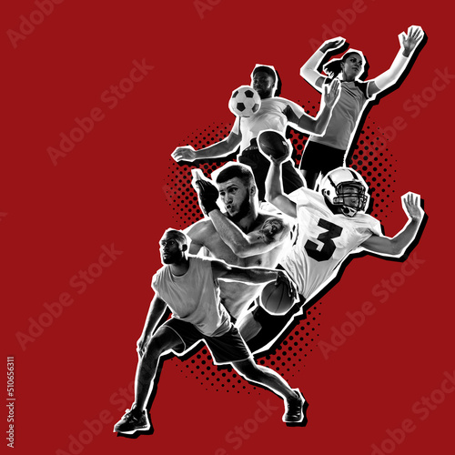 Sport collage. Poster graphics. American football, soccer, volleyball and mma fighter. Sportive men and women isolated on dark red background. © master1305